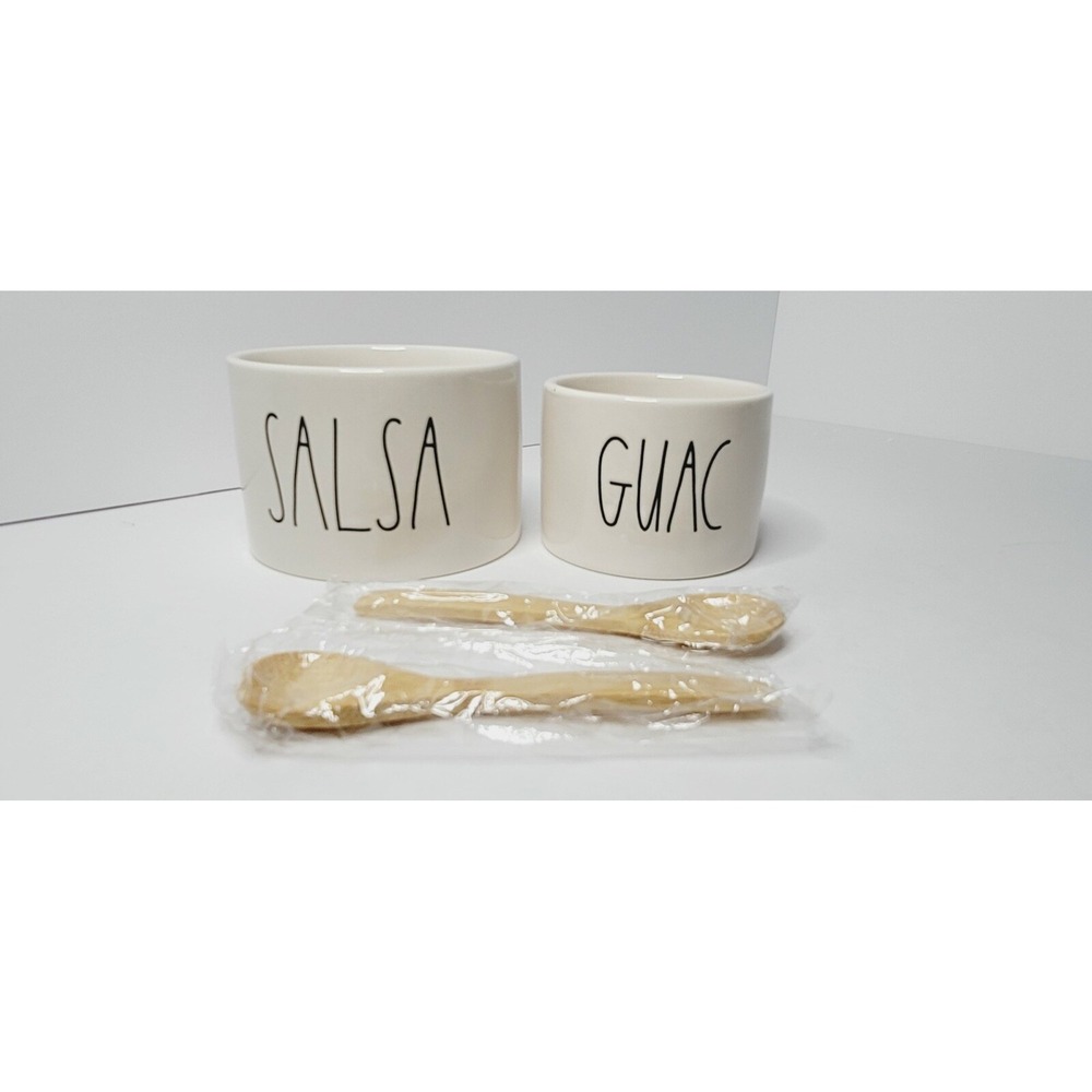 Rae Dunn Ceramic Guac And Salsa Bowl Set With Bamboo Spoons New J1